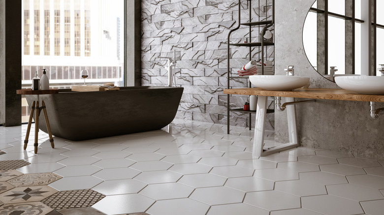 Modern bathroom with geometric tile flooring