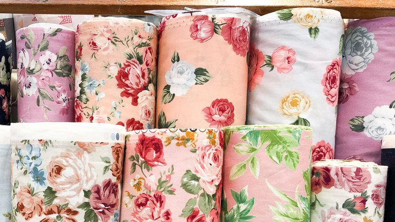 Bolts of pink floral fabric