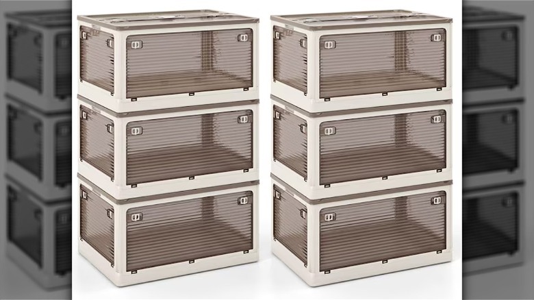 Costway stackable collapsible plastic bins shown in two towers of three bins each
