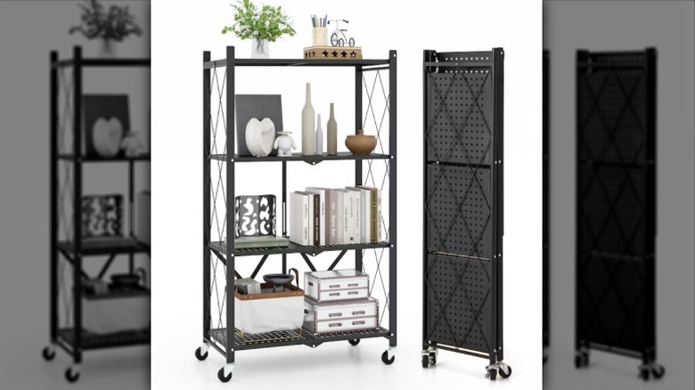 Fenbeli foldable black metal storage rack shown with items on shelves and folded tightly
