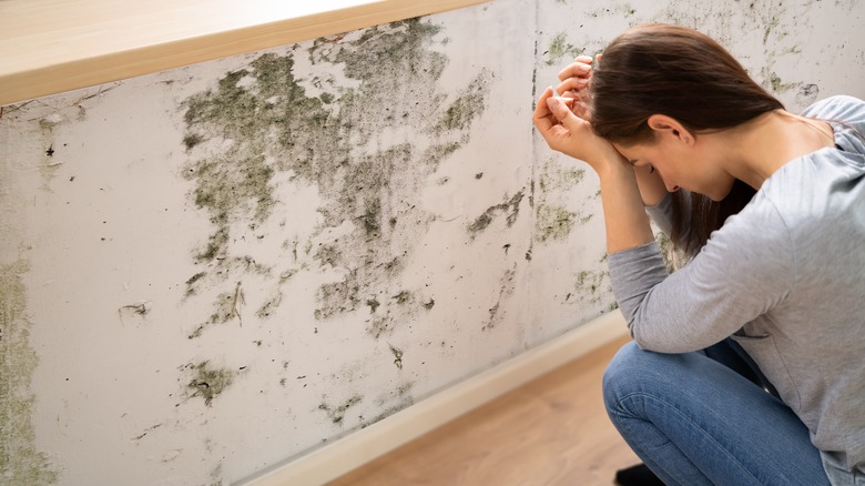 A lady in despair looking at mold 