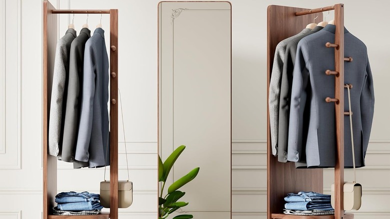Three views of a wooden coat rack and mirror.