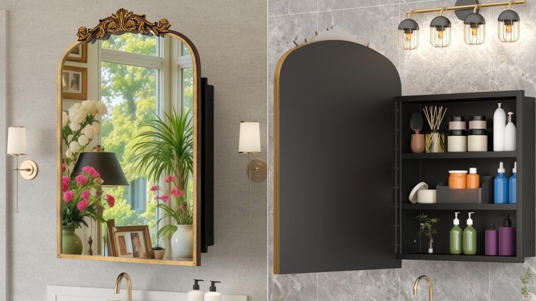 Two images of an open and shut gold framed mirror medicine cabinet.