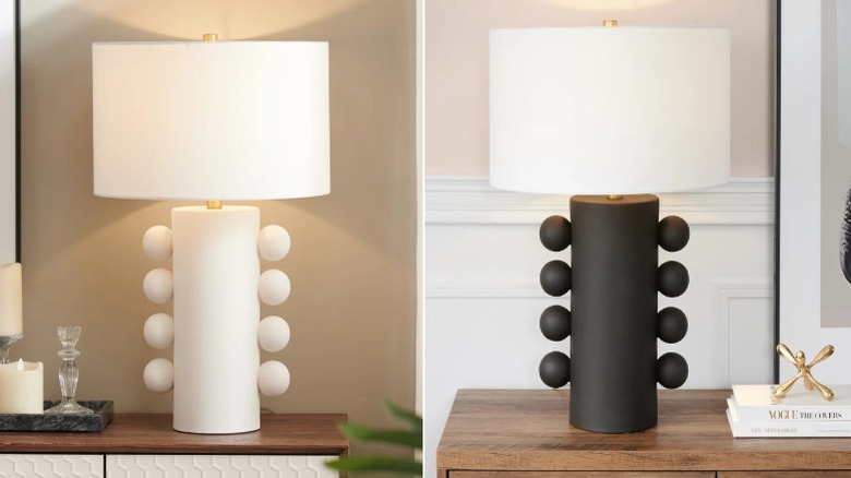 Two close-up images of a modern white table lamp.