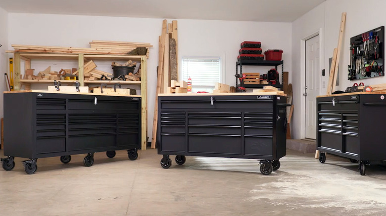 Husky mobile workbenches in garage