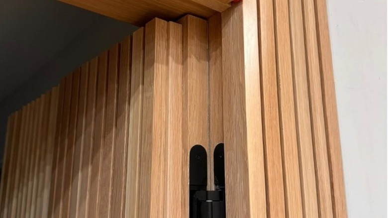 A door with vertical wood slats