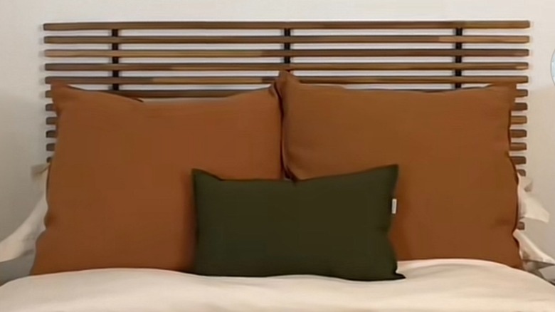 wood slat headboard DIY with IKEA privacy screen
