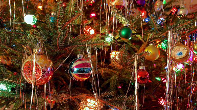 Retro Christmas tree with vintage holiday ornaments