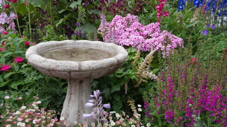 White bird bath in the middle of a flower garden