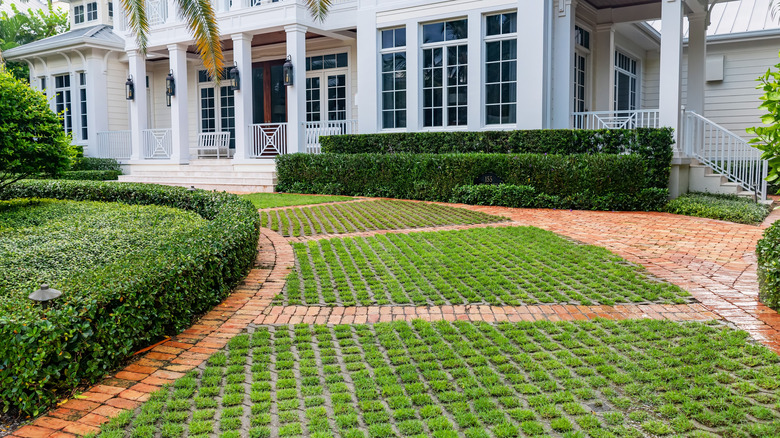 An eco-friendly driveway with reinforced grids laid beneath the grass, for a natural look