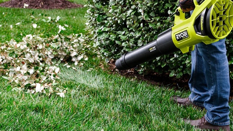 Person using a Ryobi leaf blower