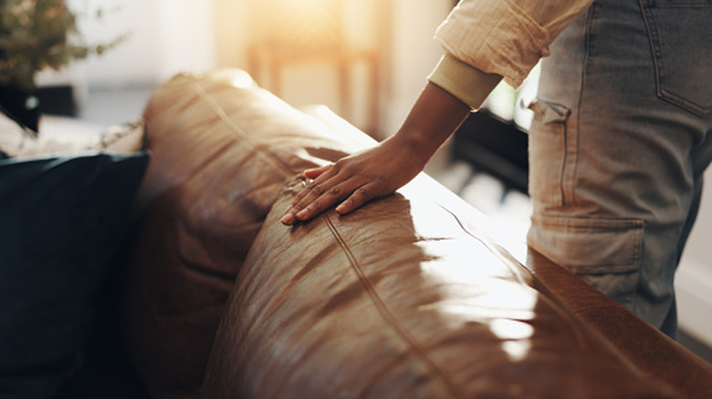 A person placing their hand on the back of a leather couch