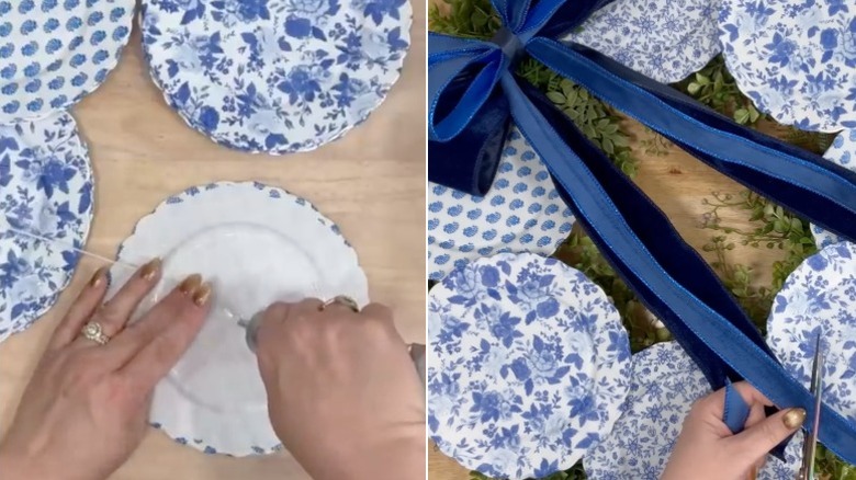 A person decoupaging a napkin onto a plate and a completed faux china plate floral wreath with foliage and a bow.