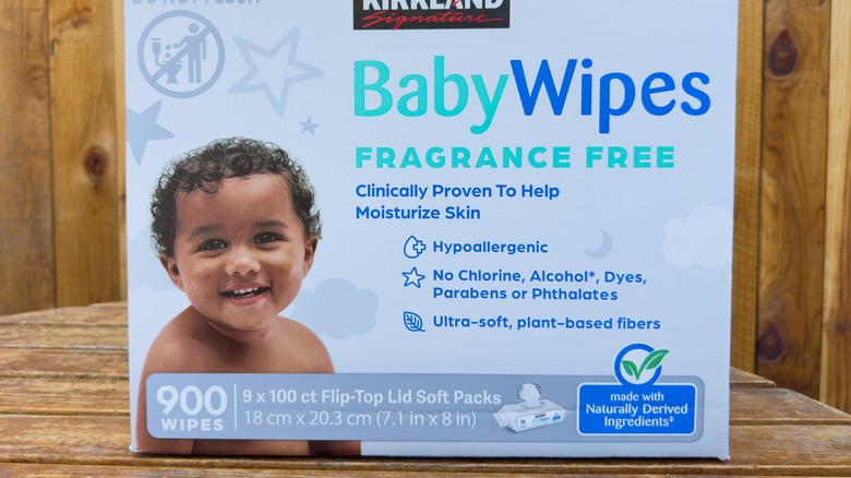 Box of Kirkland Signature baby wipes on the counter