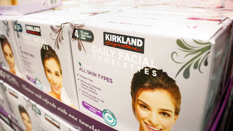 Stacks of Kirkland Facial Towel boxes