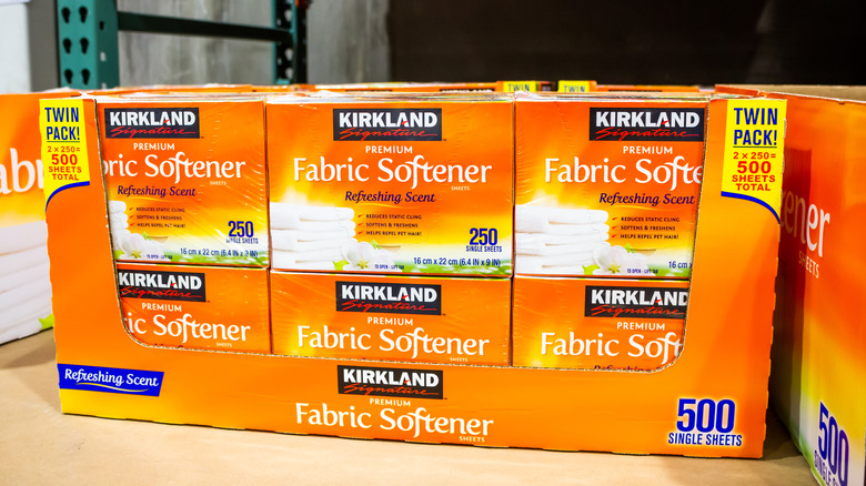 Kirkland Signature UltraSoft fabric softener sheets on a shelf
