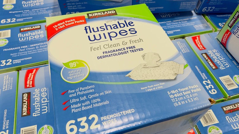 Boxes of Kirkland Signature flushable wipes in store