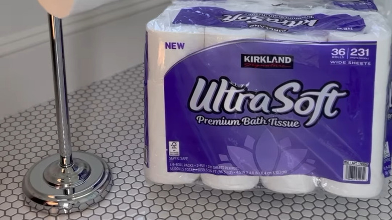 Close up of Kirkland Signature UltraSoft Premium Bath Tissue in a bathroom