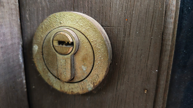 living finish patinaed lock on wooden door