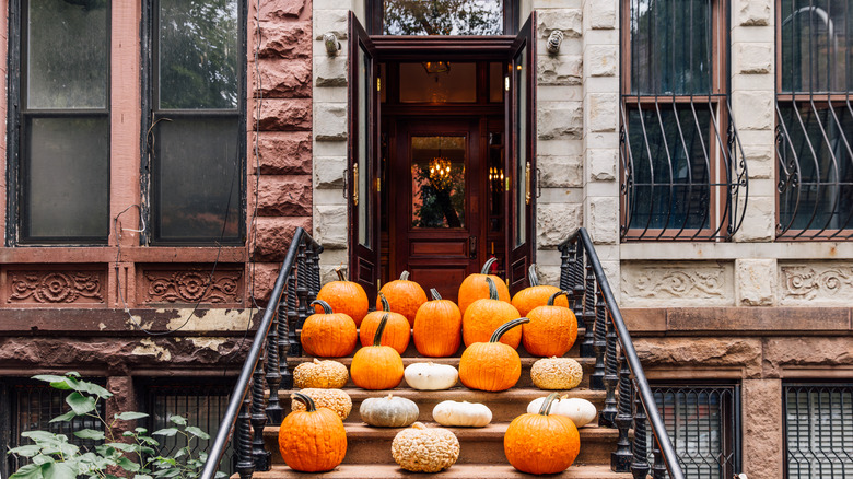 Pumpkins lined up across an apartment stoop