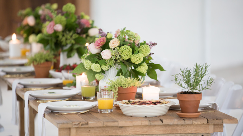 mothers day tablescape with flower bouquets
