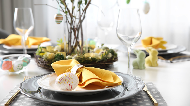 pastel easter tablescape with plates