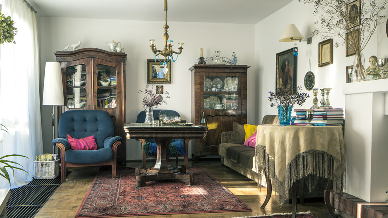 A vintage living room with ornate features