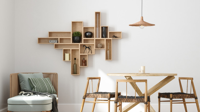 Large artistic accent shelf in a modern kitchen
