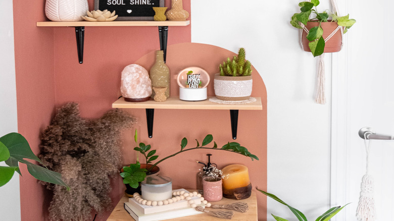 A feature wall with plants, trinkets and painted arch