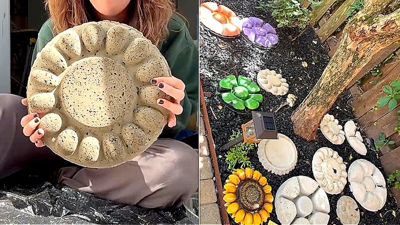 Split image with woman holding molded concrete stepping stone on the left and painted stepping stones on the right.