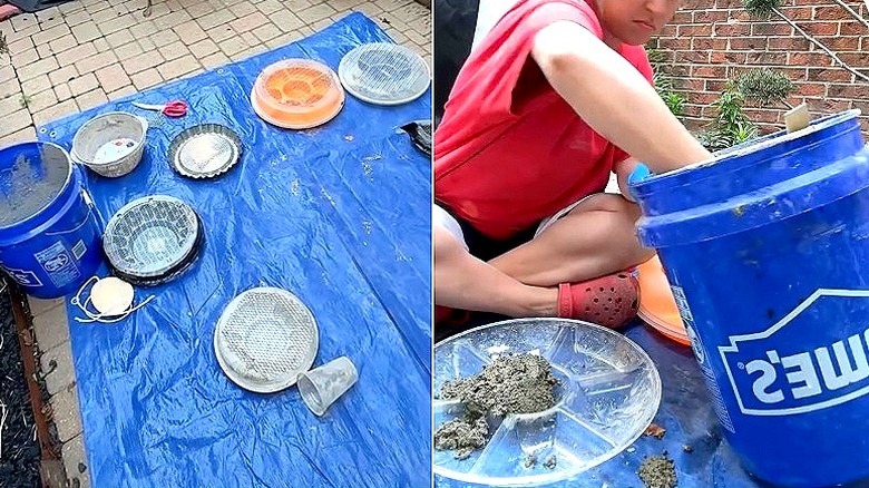 Split image of stepping stone supplies arranged on a tarp and woman scooping concrete into vegetable platter.