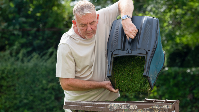 A gardener emptying grass clippings into a bin