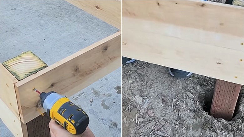 Split image showing the fence slats being screwed to the post on the left and the posts being put into the ground on the right.