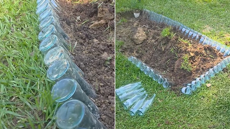 Garden bed edging made from transparent glass wine bottles.