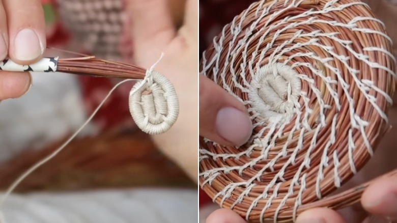 A person weaves the base of foraging basket made from pine needles and string.