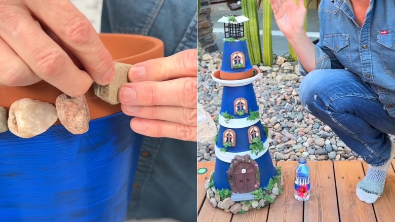 Two images: On the left, a person's hands gluing rocks onto a terracotta pot; On the right, Person with glasses and a blue denim shirt crouching down outside while showing their DIY lighthouse made from terracotta pots
