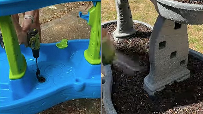 Left: DIYer drilling holes into the base of a plastic water table. Right: Filling a painted plastic water table with soil.