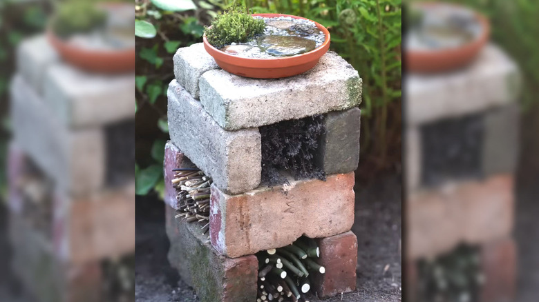 A DIY bug hotel made out of stacked bricks and twigs with a watering station on top.