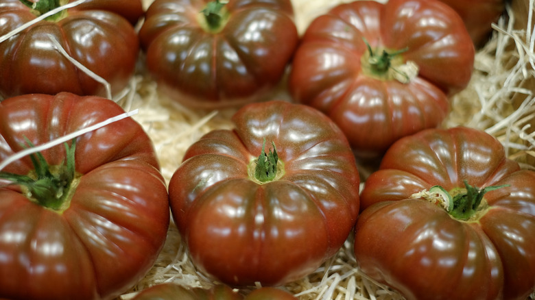 Cherokee Purple tomatoes stacked on straw