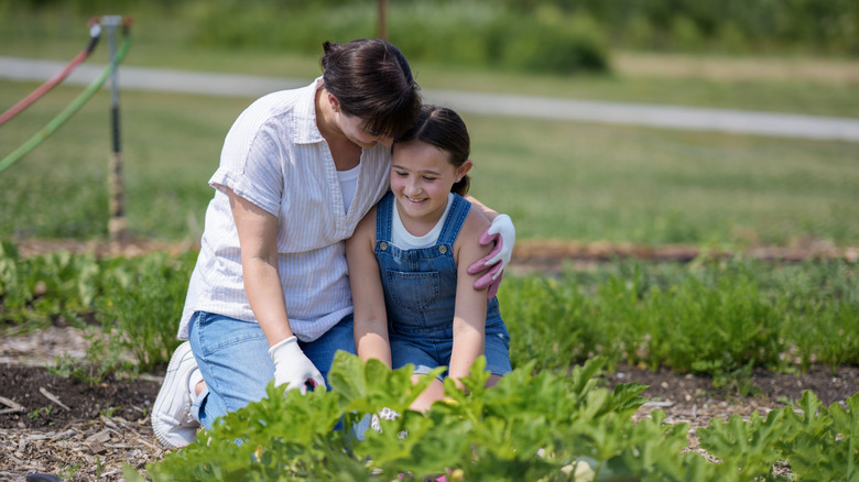 A mother teaches her daughter the joys of nurturing plants in a vegetable garden under a bright sunny day