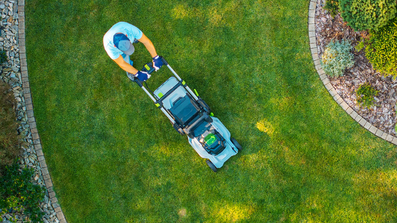 A person mowing a lawn