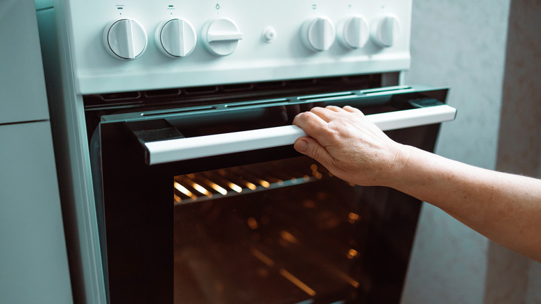 A person opening the door of a gas oven