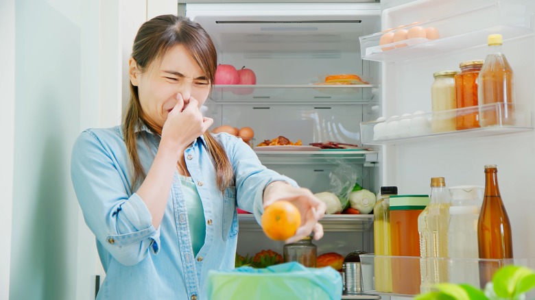 Woman cleaning stinky refrigerator
