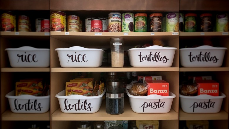 white plastic bins in pantry