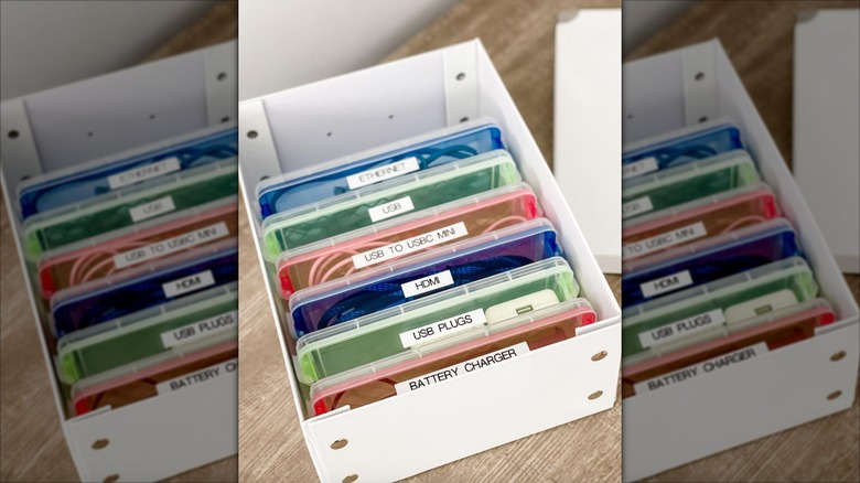 colorful storage boxes in bin
