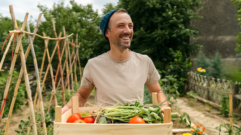 Smiling man walking through a garden carrying a tray full of garden produce