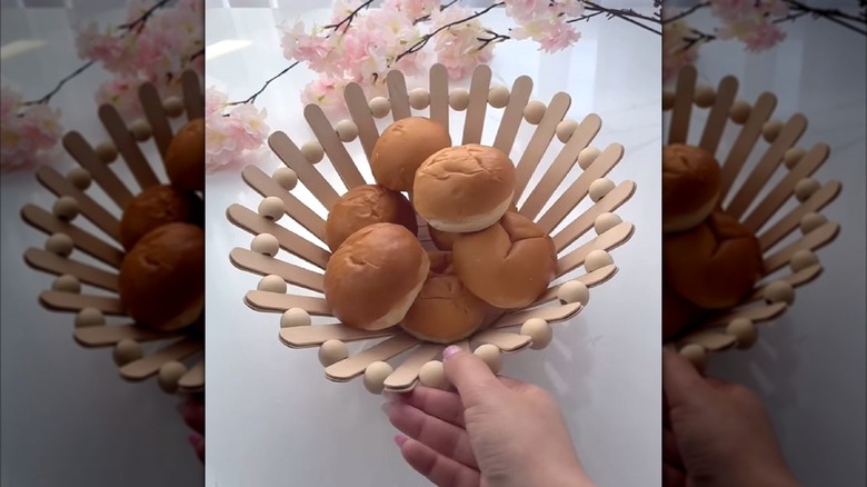 Finished DIY popsicle stick basket turned into bread basket