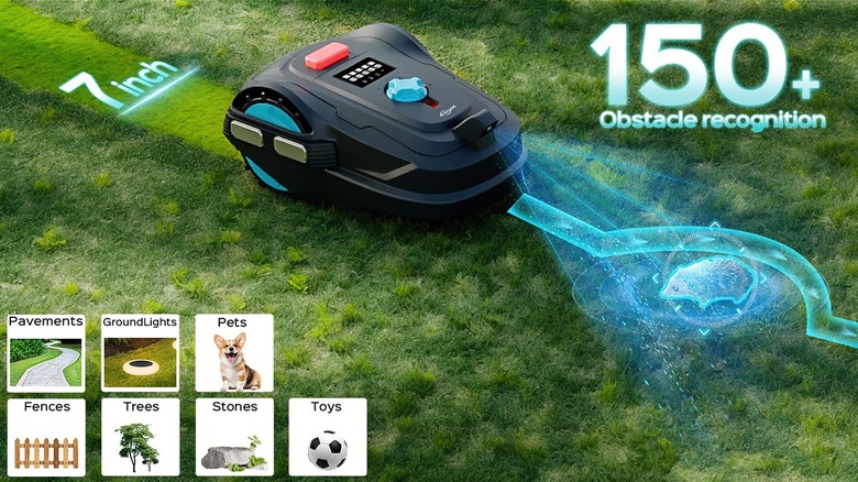 Black smart mower Yardcare M800 Plus on grass detecting obstacle in path