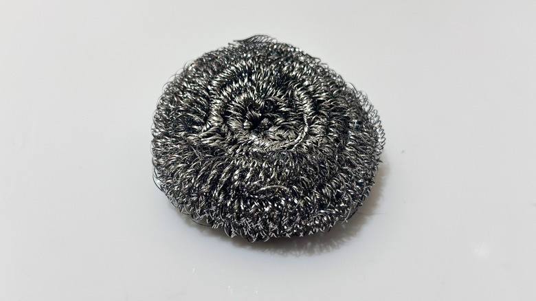 Stainless steel scrubber sitting on a counter
