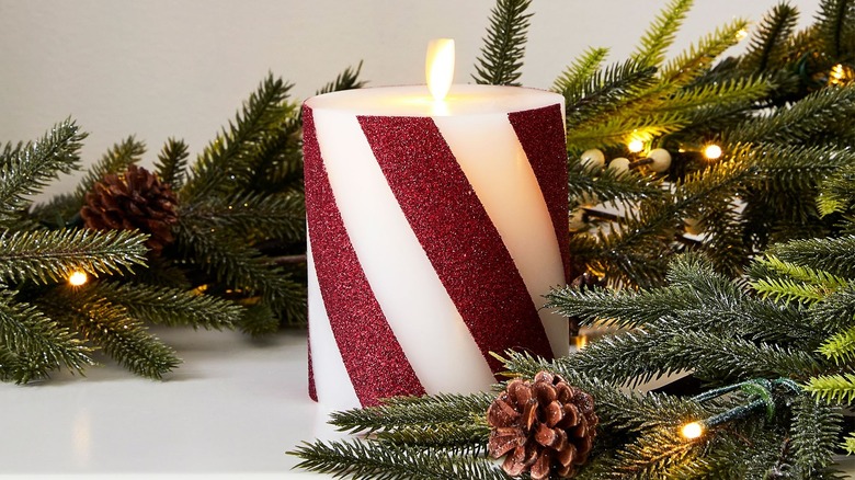 Pottery barn striped Christmas candle